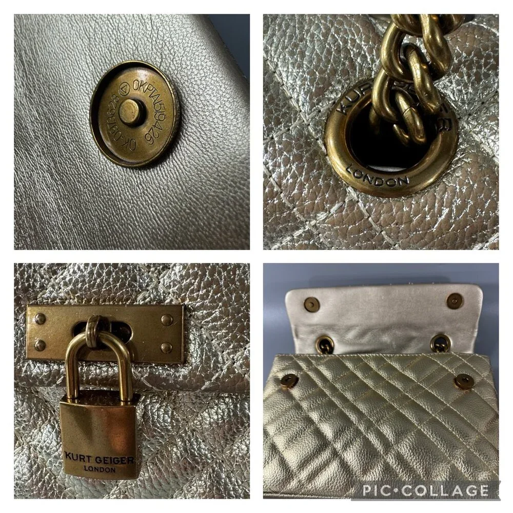 KURT GEIGER LONDON BRIXTON Metallic Gold Quilted Leather Pad Lock Shoulder Bag - Picture 9 of 12